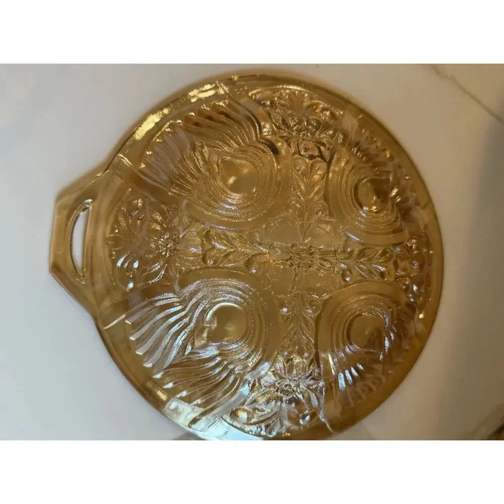 Vintage Indiana Glass Iridescent Amber Killarney Divided Relish Dish Handle